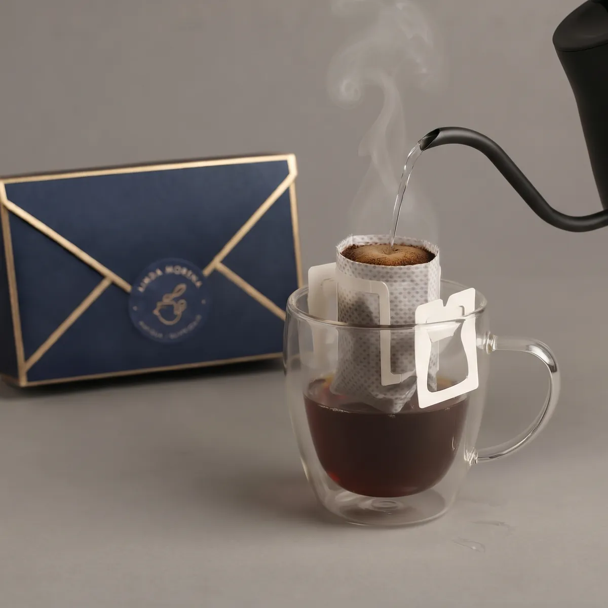 Filtro de café de goteo sobre una taza de vidrio mientras se vierte agua caliente