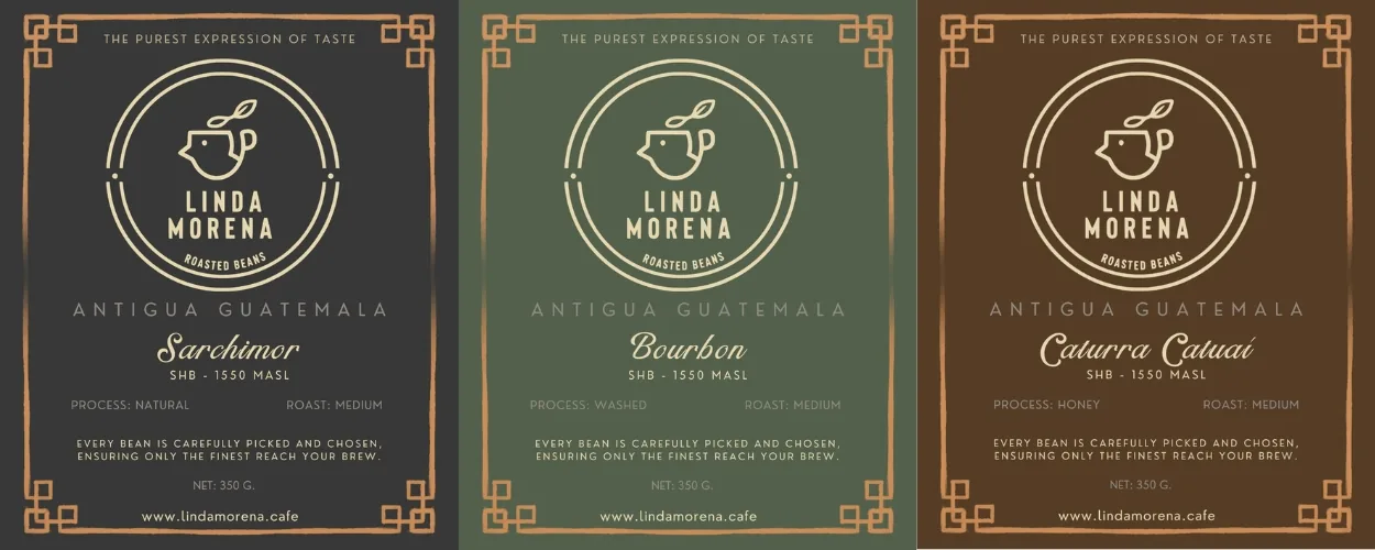 How to Read a Specialty Coffee Bag 1 Three Linda Morena coffee bag labels: Sarchimor, Bourbon and Caturra Catuai