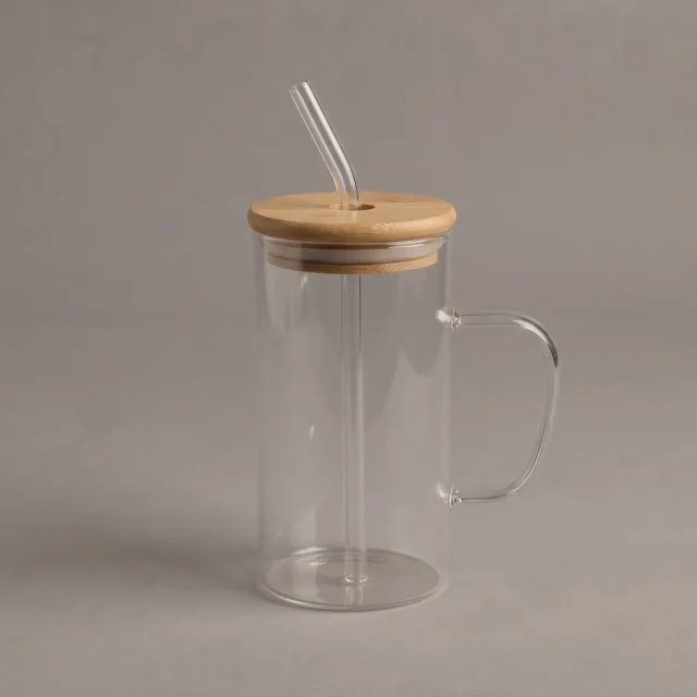 Vaso de vidrio de 14 oz con tapa de bambú y sorbete de vidrio, vacío